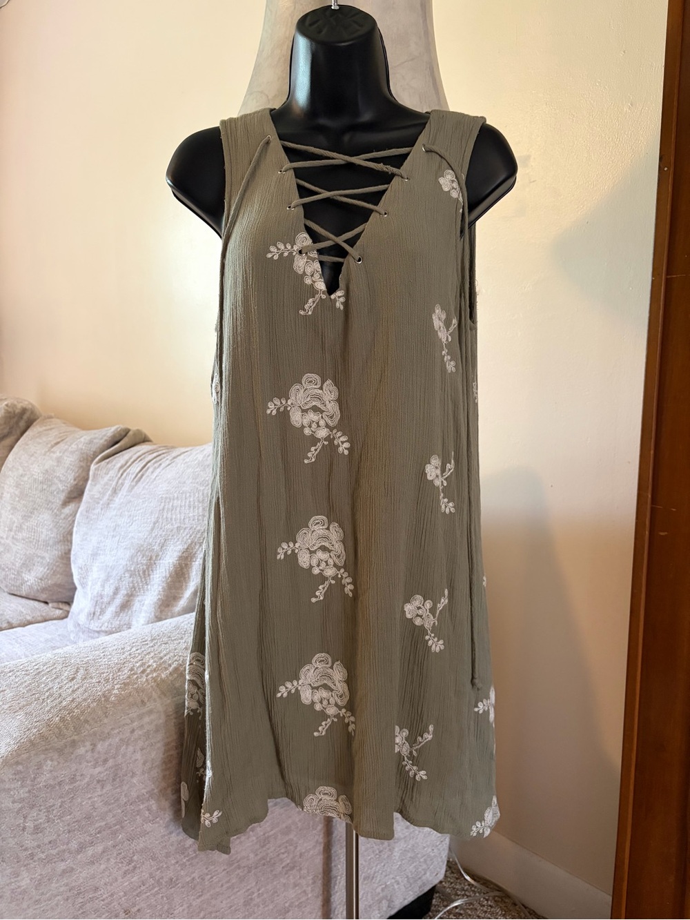 Altar’d State Olive Green Lace-Up Floral Sundress